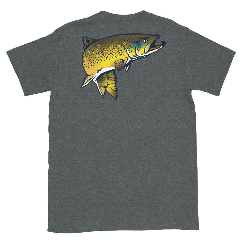 Load image into Gallery viewer, Rocky Mountain Fly Shop - Squatchy Brown Trout Soft Short-Sleeve Unisex T-Shirt
