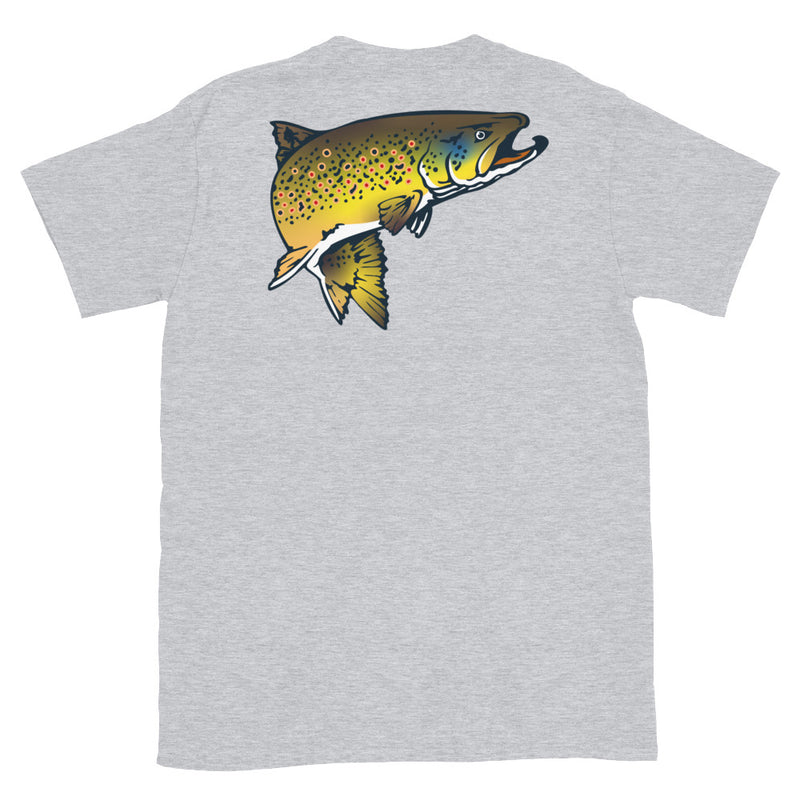 Load image into Gallery viewer, Rocky Mountain Fly Shop - Squatchy Brown Trout Soft Short-Sleeve Unisex T-Shirt
