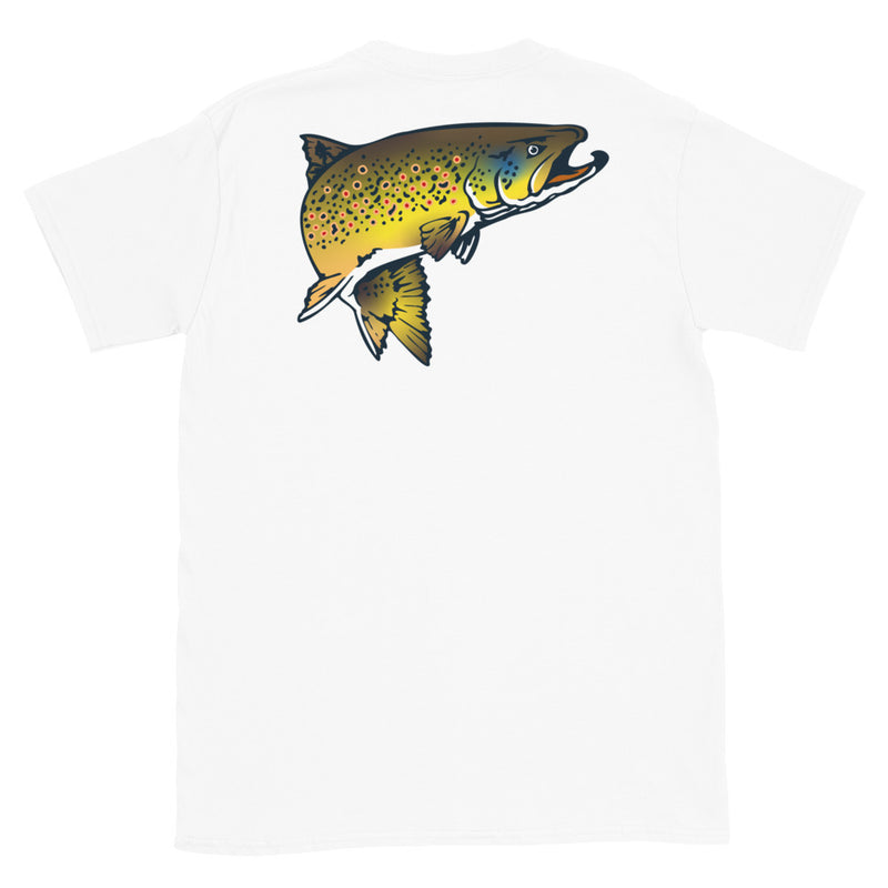 Load image into Gallery viewer, Rocky Mountain Fly Shop - Squatchy Brown Trout Soft Short-Sleeve Unisex T-Shirt
