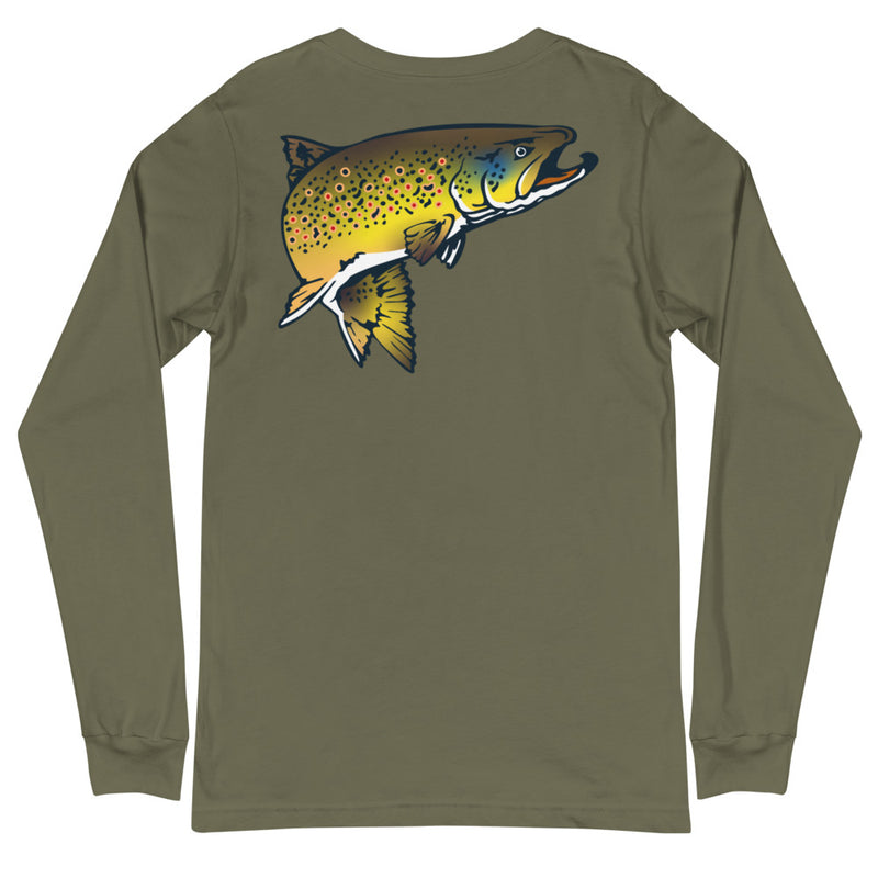 Load image into Gallery viewer, Rocky Mountain Fly Shop - Squatchy Brown Trout Unisex Long Sleeve Tee
