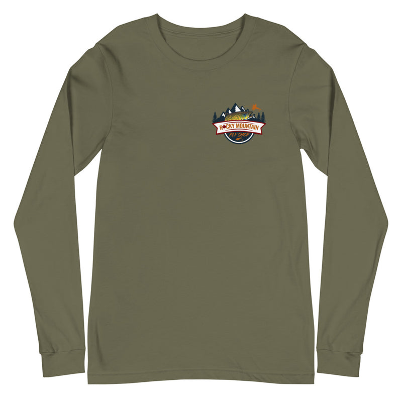 Load image into Gallery viewer, Rocky Mountain Fly Shop - Rocky Mountain &amp; Logo Unisex Long Sleeve Tee
