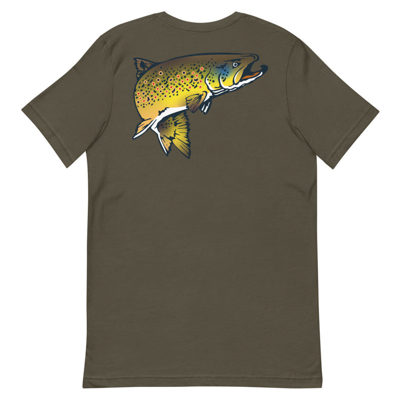 Load image into Gallery viewer, Rocky Mountain Fly Shop - Squatchy Brown Trout Short-Sleeve Unisex T-Shirt
