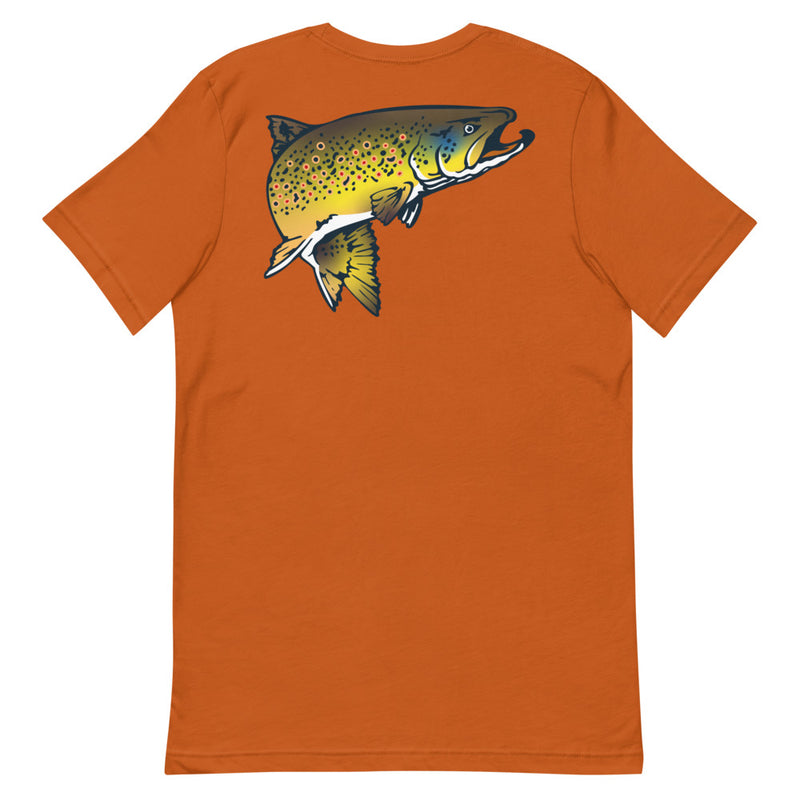 Load image into Gallery viewer, Rocky Mountain Fly Shop - Squatchy Brown Trout Short-Sleeve Unisex T-Shirt
